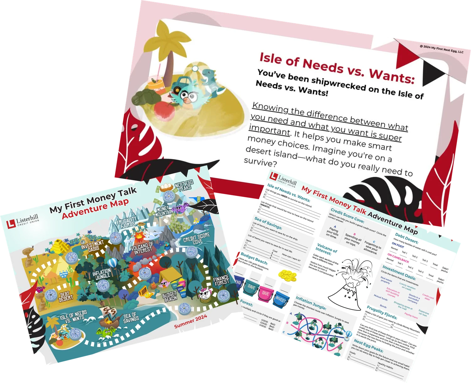 The Isle of Needs vs. Wants workshop slide next to a printed My First Money Talk Adventure Map and its companion worksheet
