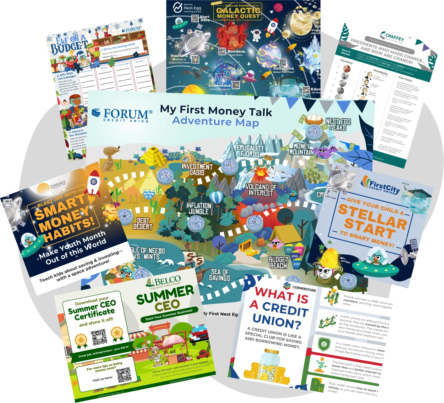 A spread of branded Branch materials including an Elf on a Budget worksheet, a Galactic Money Quest poster, a My First Money Talk adventure map, and a Summer CEO flyer