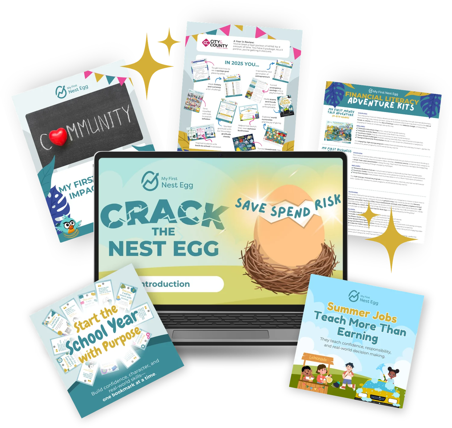 Community outreach materials around a laptop showing the Crack the Nest Egg workshop, with teacher resources and adventure kits fanned behind it