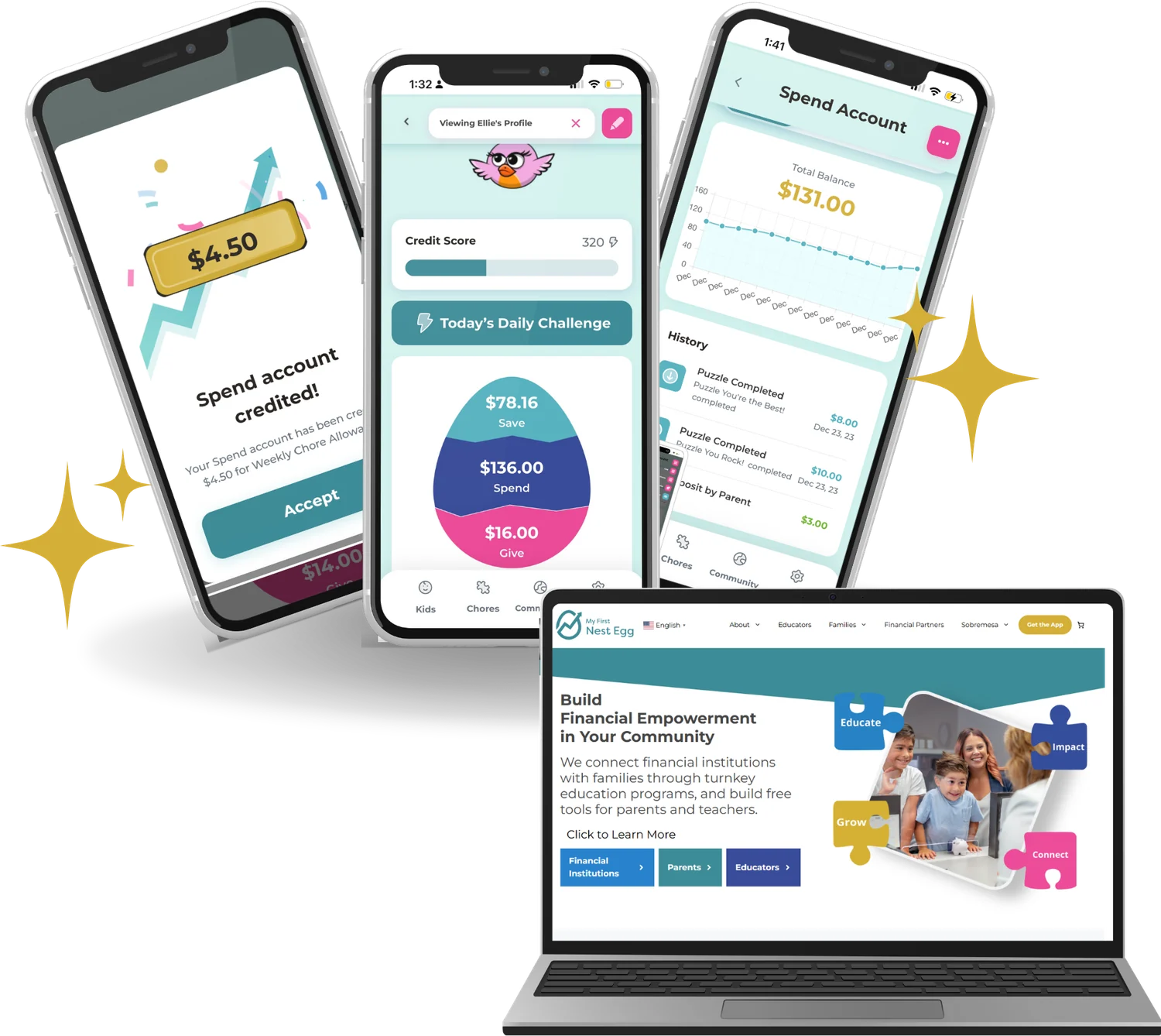 Three phones showing the branded app's spend account, savings goals, and daily challenge screens, in front of a laptop showing the family wellness center