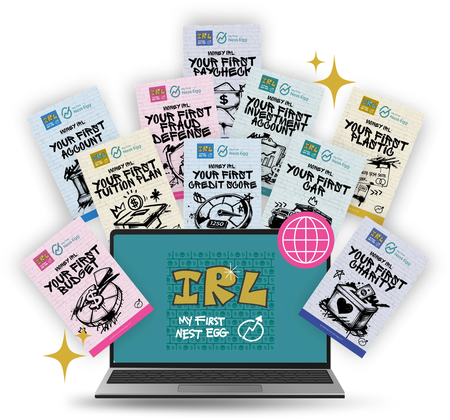 The Money IRL teen booklet series fanned around a laptop, covering first account, first paycheck, first credit score, first car, and more