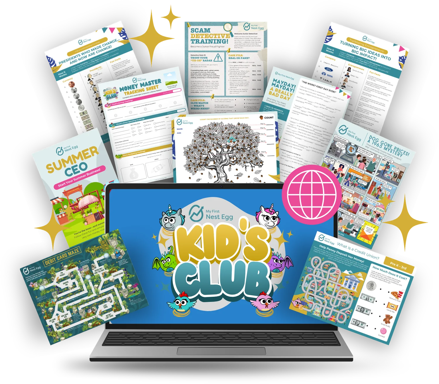 A laptop showing a branded Kids Club homepage with cartoon bird characters, surrounded by club worksheets, mazes, and tracking sheets